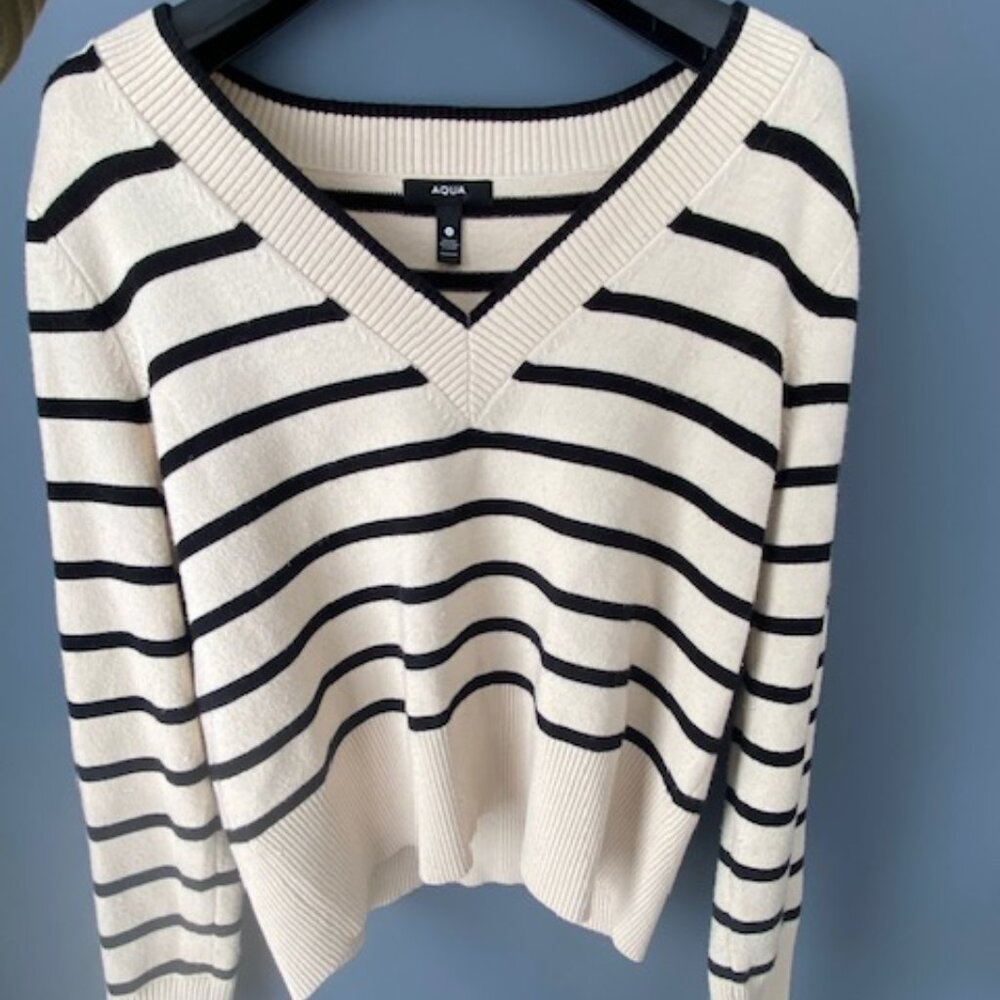 Aqua Striped V-Neck Sweater (Small)